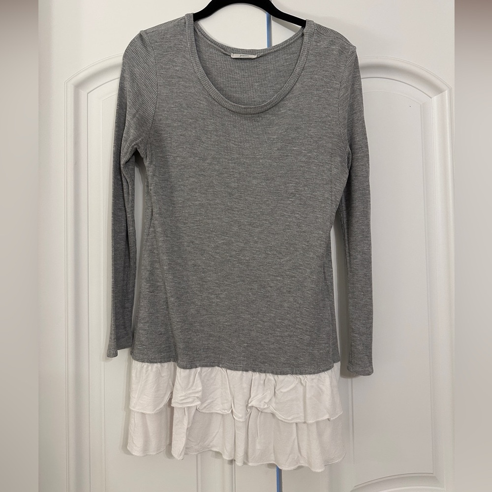 Grey with white ruffle drop waist blouse
